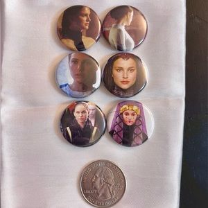 6 metal pins of Padmé Amidala from Star Wars Episode 1, 2 and 3
